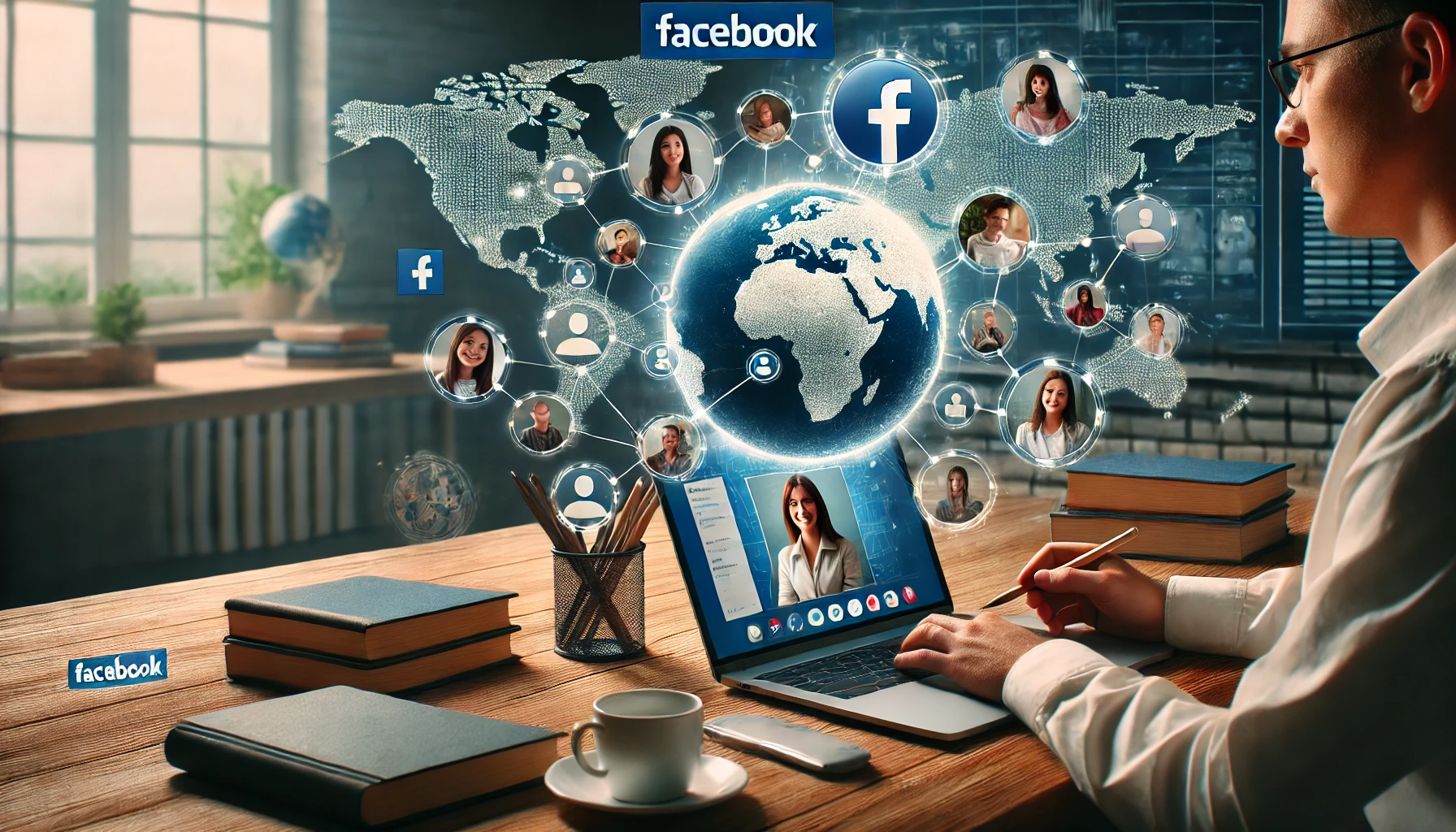 Teacher using Facebook on a laptop to connect with students globally, surrounded by teaching tools and a digital map in the background