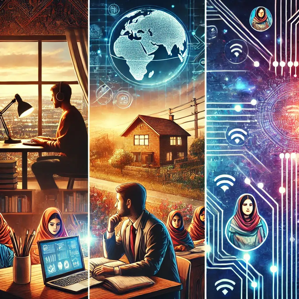 A collage depicting Assignment online jobs with a man working on a laptop, a classroom with students and a teacher, and a digital connectivity theme with Wi-Fi and global network visuals.