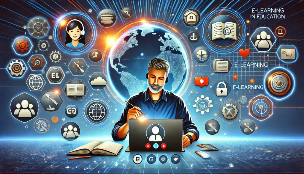 Illustration of a teacher doing free courses websites with a comfort of his home and relaxed mode.