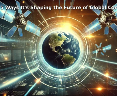 A futuristic digital artwork showcasing Starlink satellites orbiting Earth, with glowing data connections representing global connectivity.