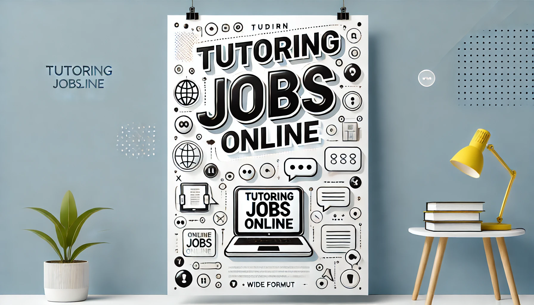 Bold poster promoting tutoring jobs online with online learning icons