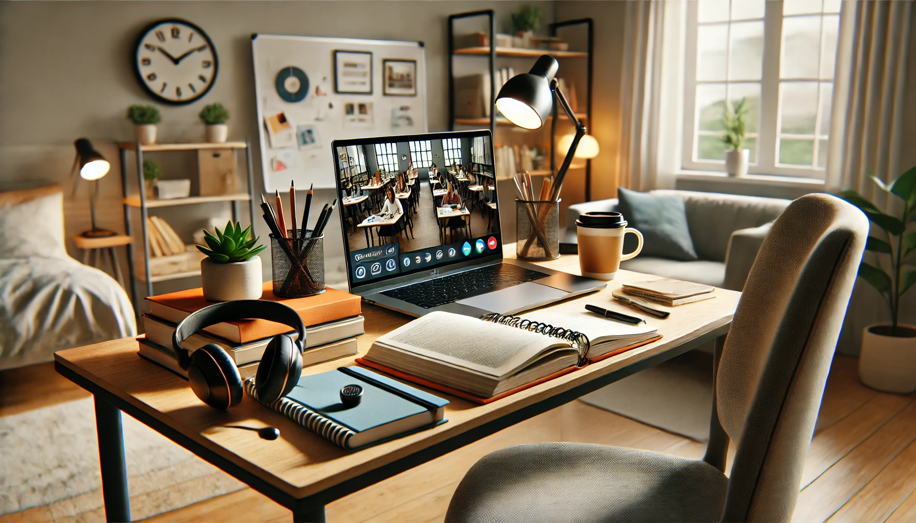 "A teacher working from home, using a laptop to conduct online classes in 2024."