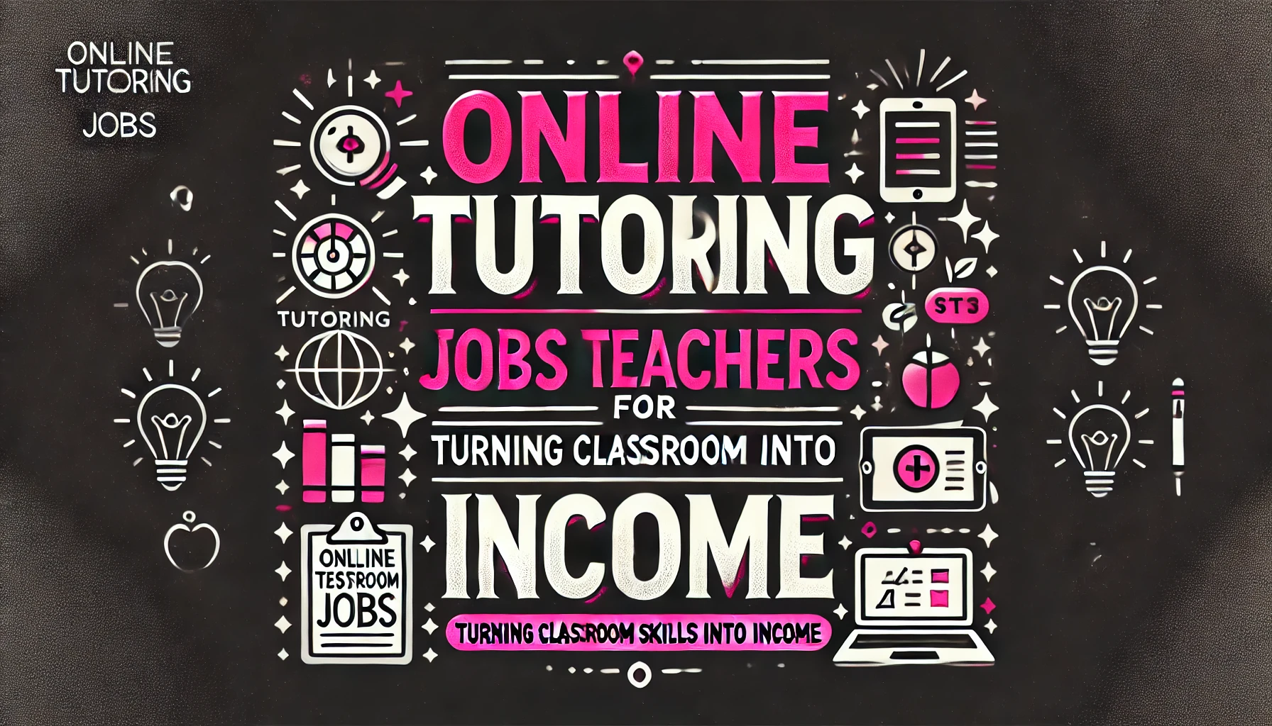 Black and pink image titled 'Online Tutoring Jobs for Teachers,' with icons of a laptop and books, highlighting the keyword 'online tutoring jobs