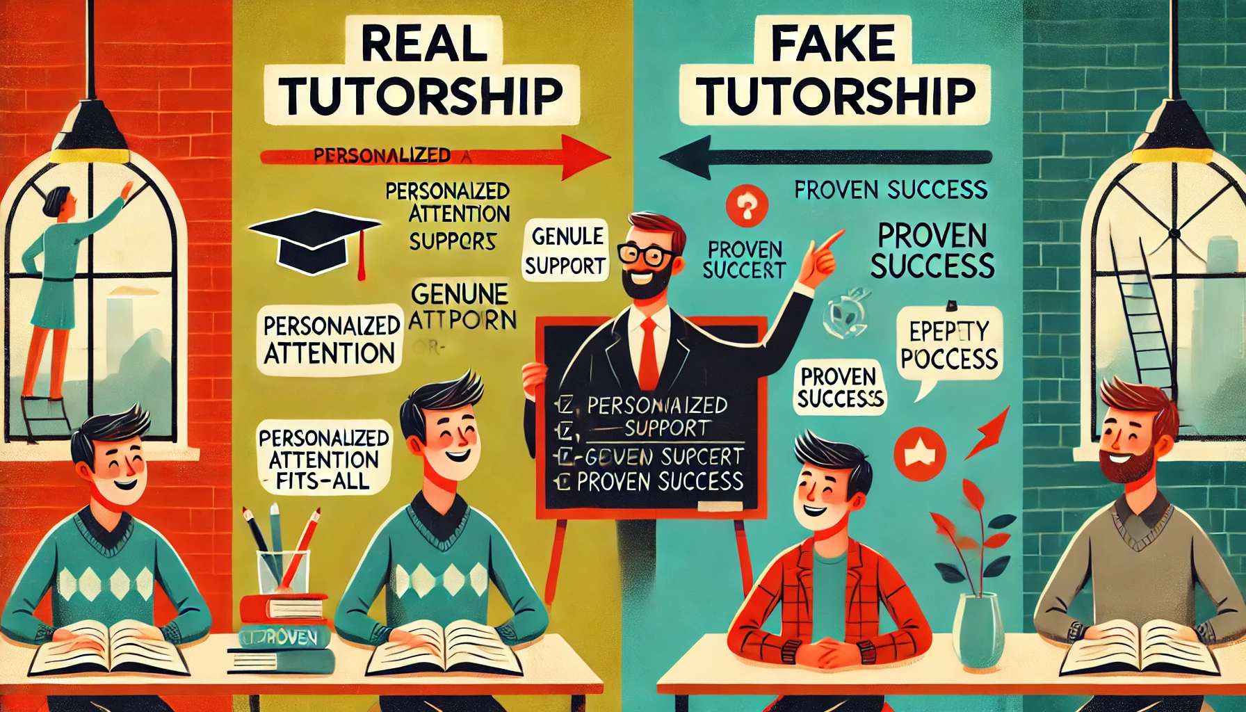 "Comparison of Real Tutorship vs. Fake Tutorship with engaged vs. disinterested tutor visuals."