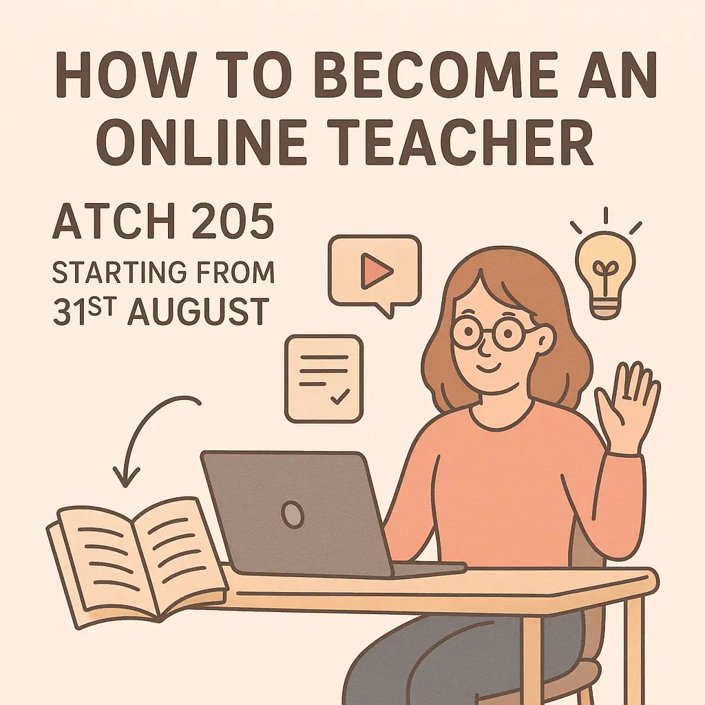 A soft-colored square poster promoting an online teaching platform, showing a smiling teacher with a laptop, book, and cute infographics. The text highlights “How to Become an Online Teacher – Batch 205 starting from 31st August.”