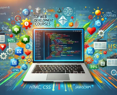 Student learning web development course online with coding on laptop screen