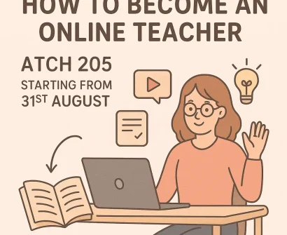 A soft-colored square poster promoting an online teaching platform, showing a smiling teacher with a laptop, book, and cute infographics. The text highlights “How to Become an Online Teacher – Batch 205 starting from 31st August.”