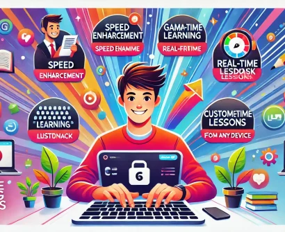 A cheerful student typing on a laptop, surrounded by colorful floating icons representing speed improvement, gamified learning.