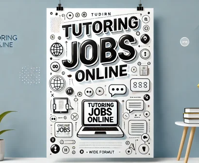 Bold poster promoting tutoring jobs online with online learning icons