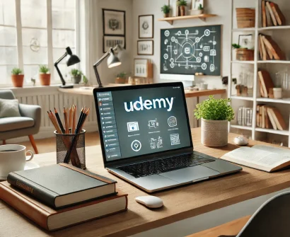 Online tutor recording a video lesson with a laptop and microphone, showcasing Udemy's platform for course creation